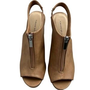 CHINESE LAUNDRY Women’s Tan Peep Toe Sling Back Wedge Booties‎ Silver Zipper 8M